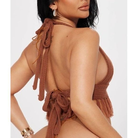 Almost famous the ultimate Boho Crochet Fringe Halter Top Brown Size Large RfFNB - Picture 14 of 14
